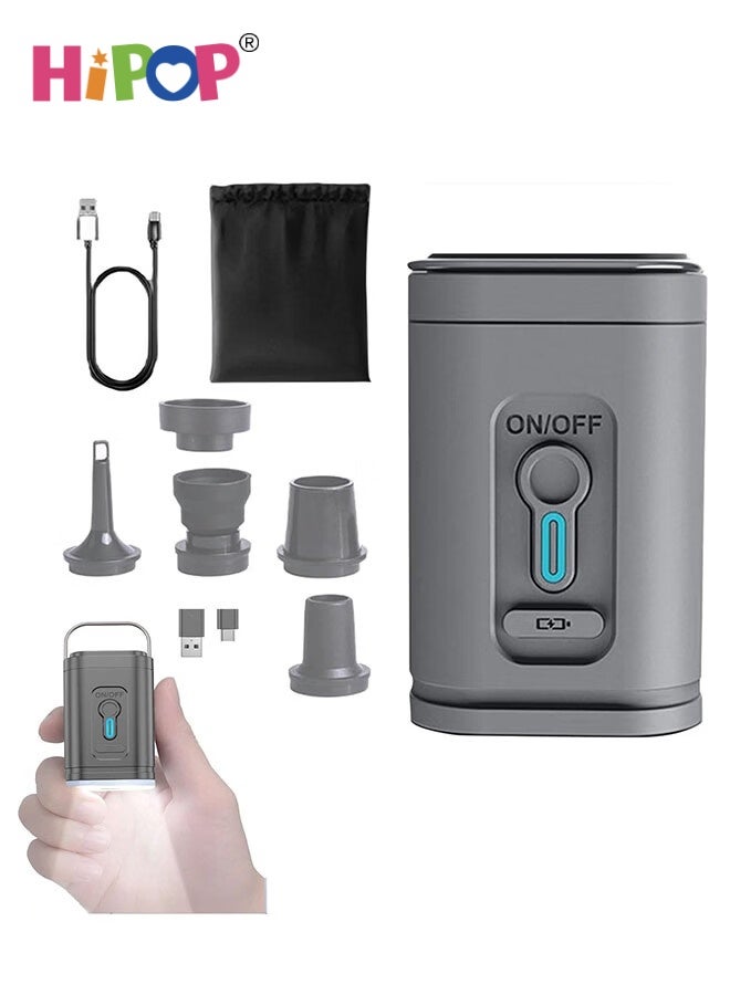 مضخة هواء كهربائية محمولة للمنتجات القابلة للنفخ، مضخة صغيرة للنفخ والتفريغ مع 5 فوهات وضوء تخييم LED، تعبئة سريعة ببطارية قابلة لإعادة الشحن 2400 مللي أمبير، مناسبة لمراتب الهواء، الأسرة الهوائية، عوامات السباحة، عوامات المسبح، الوسائد القابلة للنفخ (رمادي)